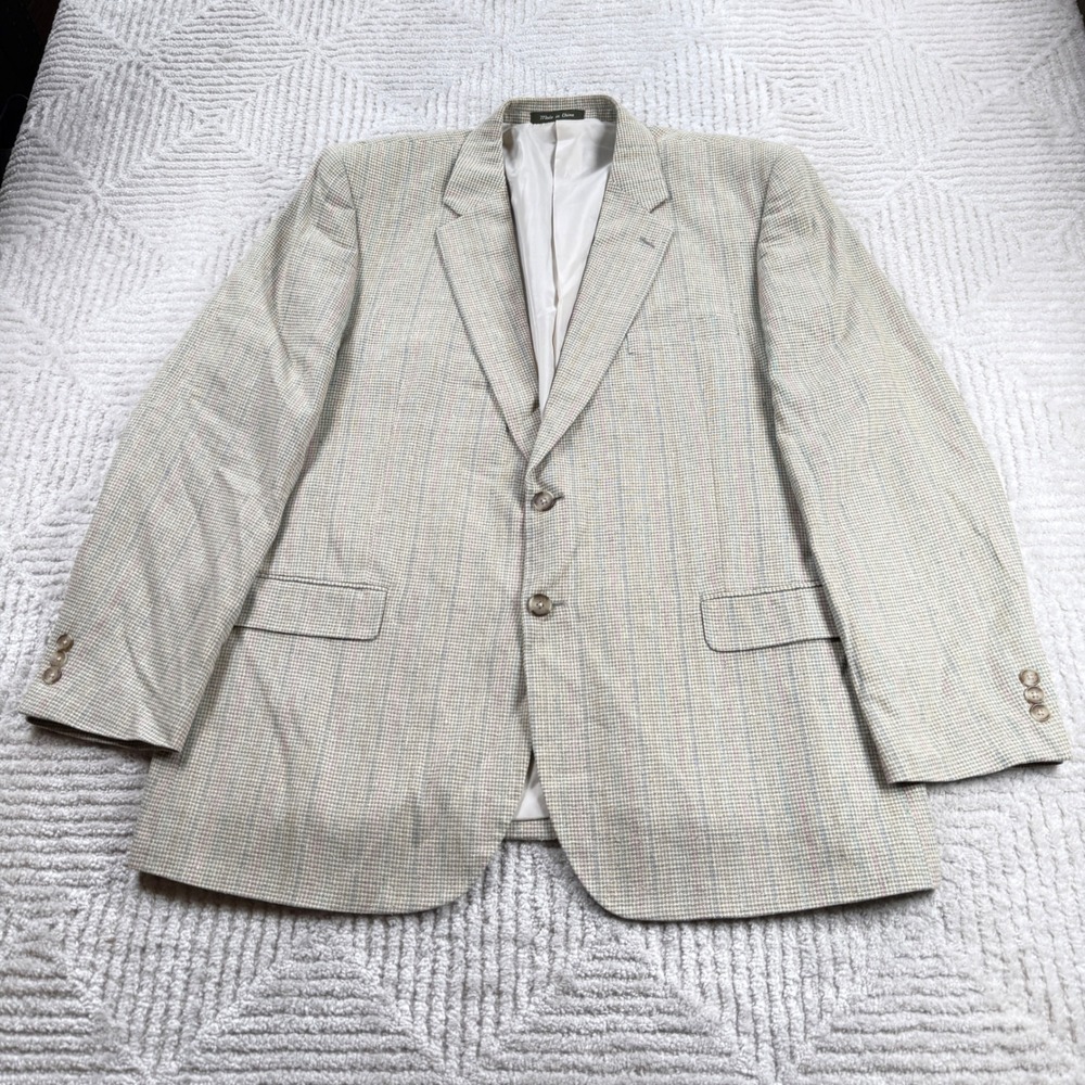 Norm Thompson Silk Blazer Men 46R Beige Plaid Sport Coat Luxury Academic VTG 90s